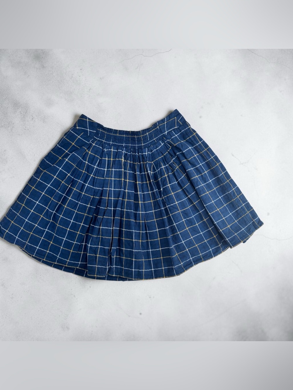 Cyrillus Navy Plaid Pleated Mini Skirt with Yellow & White Windowpane
